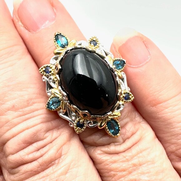 Michael Valitutti Ring Blue Black Gemstone Sterling Silver Gold Size 6 - Picture 3 of 4